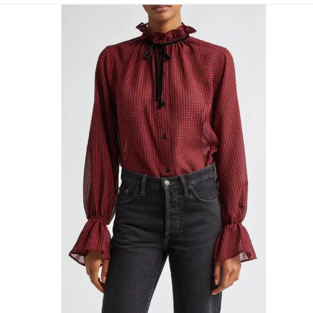 Ganni Red & Black Check Seersucker Tie Neck Shirt ♥️ - Picture 2 of 15
